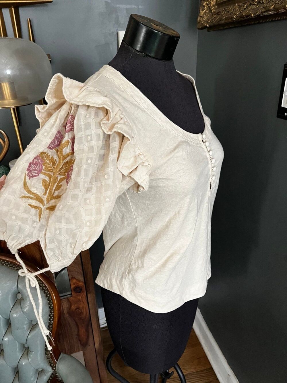 Anthropologie Embroidered Ruffled Shirt w ties Cottagecore sz L Cotton Festival